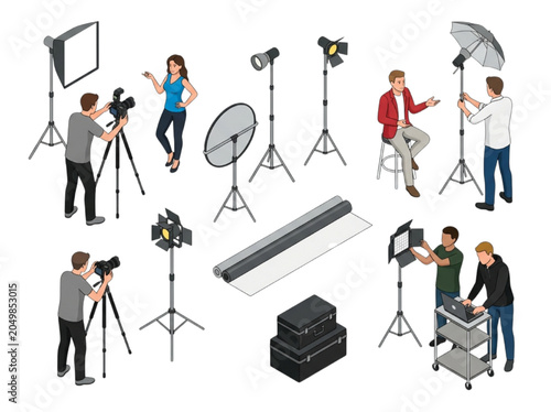 Professional photo studio isometric CAD illustration featuring photographers and lighting equipment
