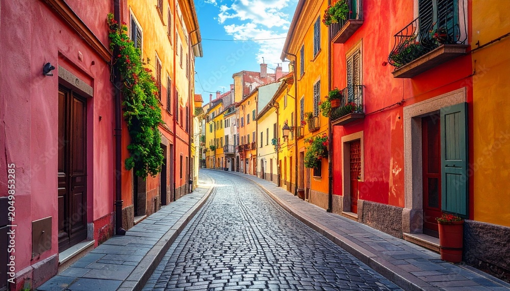 Fototapeta premium Colorful European Cobblestone Street with Vibrant Historic Houses View