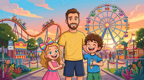 Fotografie Happy family at amusement park, father and two children enjoying rides and Ferri