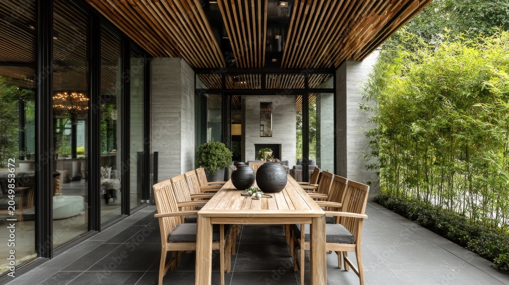 Fototapeta premium Elegant outdoor dining area with long wooden table and chairs, framed by greenery