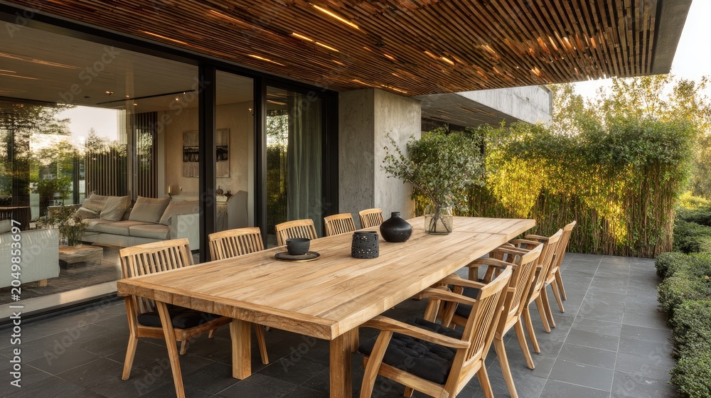 Fototapeta premium Modern outdoor dining area with large wooden table and chairs, sunlit