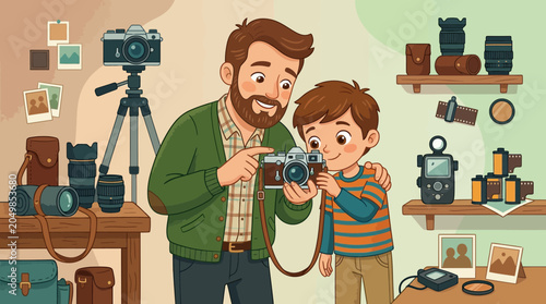 Foto Father and Son Learning Photography Together with Vintage Camera