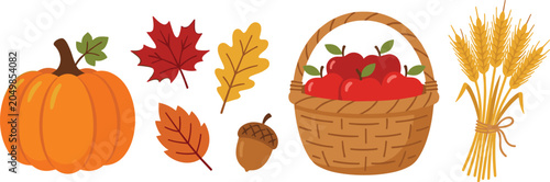 Canvastavla Autumn Harvest Vector Icon Set Featuring Orange Pumpkin Colorful Leaves Acorn Ap