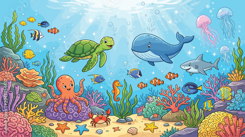 Cartoon underwater world with cute sea animals, colorful coral reef background with whale and turtle, marine life vector illustration for kids