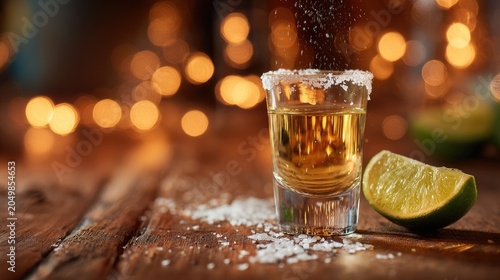 Shot of amber liquid with salt rim, lime, and bokeh lights