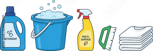 Tableau sur toile Household Cleaning Supplies and Laundry Vector Icon Set with Detergent Bottle So