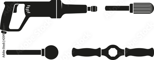 Obraz na plátně Pipe Descaling and Drain Cleaning Power Tool Vector Silhouette Set with Shaft Ma