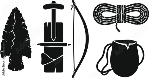 Foto Primitive Survival Gear and Stone Age Tool Vector Silhouette Set with Arrowhead