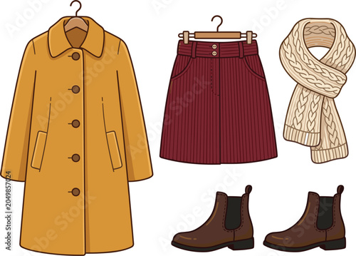 Tableau sur toile Women Autumn Winter Fashion Outfit Vector Set with Mustard Trench Coat Pleated S