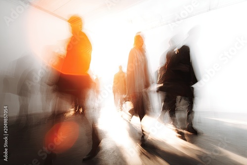 Blurred figures in motion, bathed in bright, warm light, creating a sense of movement and energy
