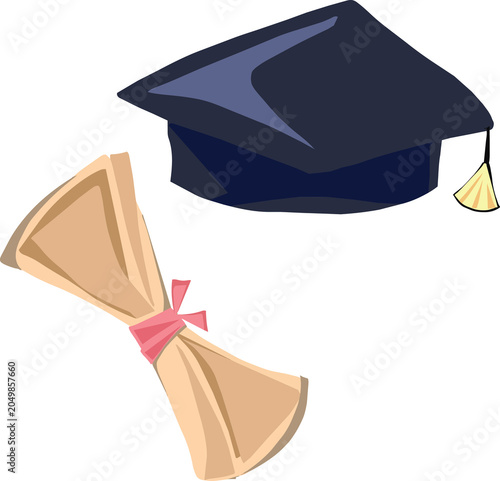 Classic dark blue graduation cap mortarboard with gold tassel and a rolled diploma scroll tied with a pink ribbon for academic achievement celebration