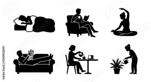 Quadro su tela Relaxation Icons Set, Lifestyle Silhouettes: Sleeping, Reading, Yoga, Tea Time,