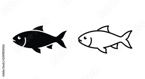 Fish Silhouettes And Line Art On White Background