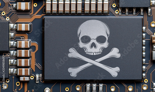 Computer electronic chip with skull and bones jolly roger sign on it. Dangerous or illegal online software concept. Generative AI