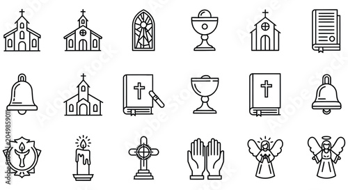 Bild auf Leinwand Religious Icons Set Line Art Style Churches Symbols And Biblical Elements