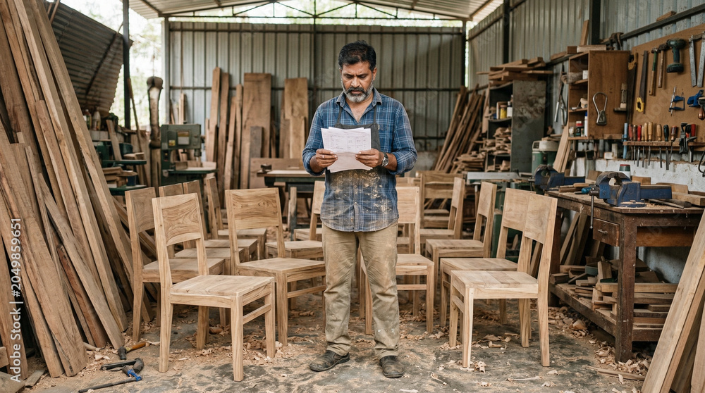 Fototapeta premium Focused carpenter standing in workshop looking at technical design plans for wooden chairs while surrounded by lumber and hand tools in professional woodworking studio with rustic atmosphere area