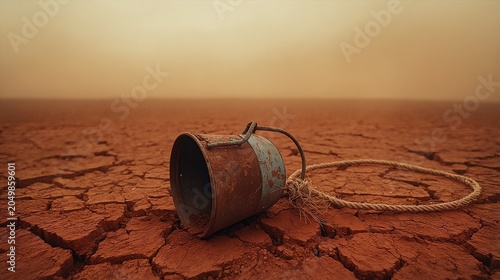 Abandoned rusted well bucket on cracked red earth during extreme climate migration