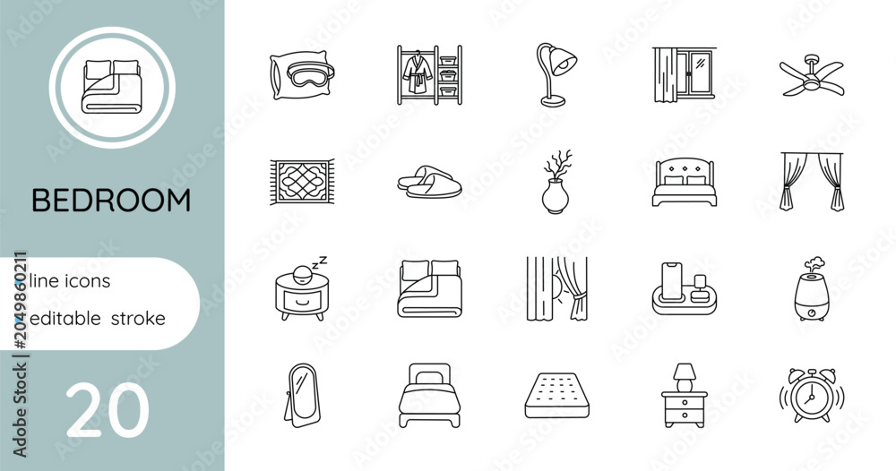 Fototapeta premium A set of linear vector icons - Bedroom.