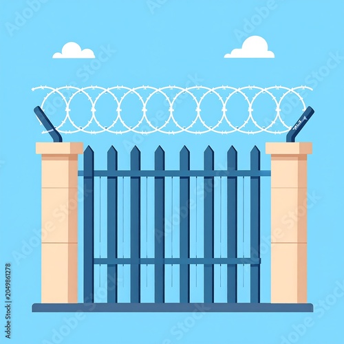 A blue metal gate with pointed pickets and a beige pillar on each side topped with barbed wire, set against a light blue background with two white clouds