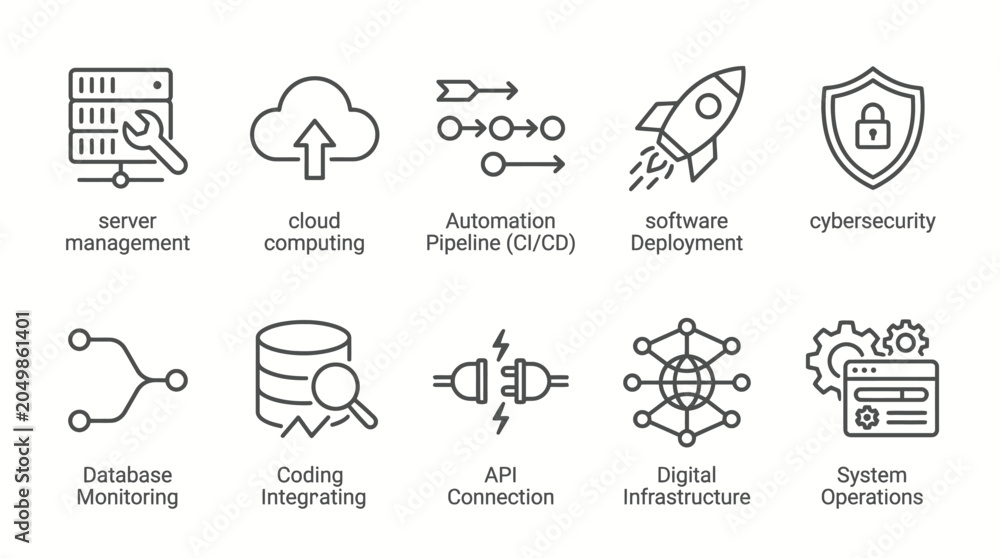 Fototapeta premium Set of outline icons representing various aspects of cloud computing and technology infrastructure.