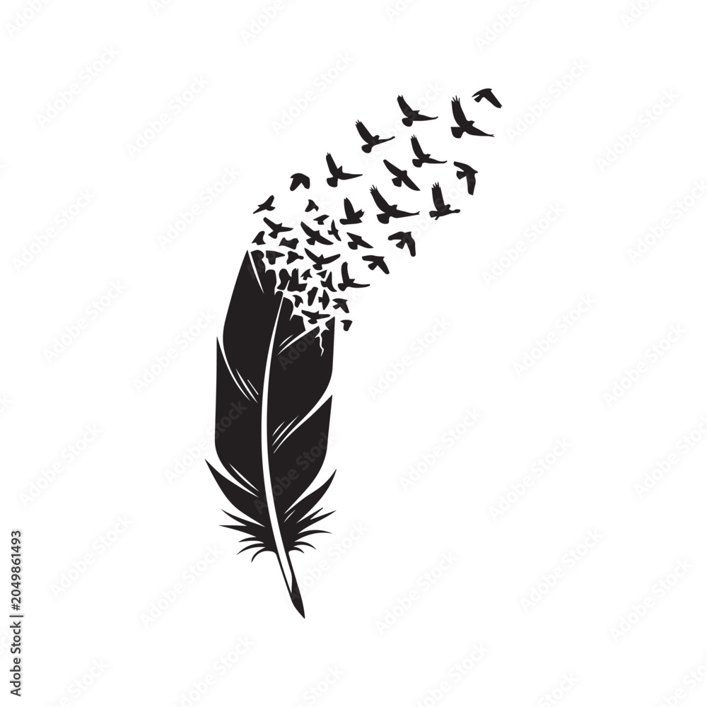 Obraz premium Black Feather Transforming into Flying Birds Silhouette Tattoo Design Vector 