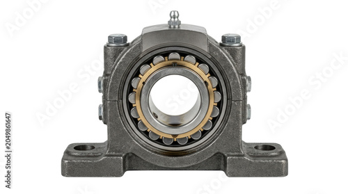 Precision mechanical bearing housing with double bolt flanges, gray metallic industrial component