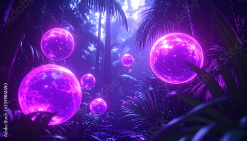 Glowing Pink Orbs in Dark Jungle Scene.