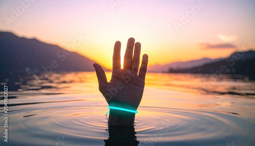 Glowing Wristband on Hand in Water at Sunset.