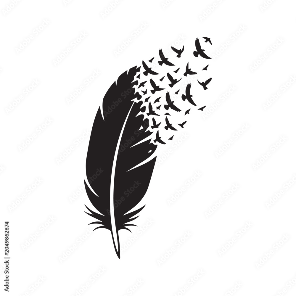 Obraz premium Black Feather Transforming into Flying Birds Silhouette Tattoo Design Vector 