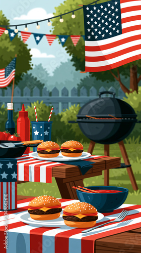 American Fourth of July backyard BBQ illustration with charcoal grill, cheeseburgers on a picnic table, US flags and patriotic bunting for Independence Day celebration, with copy