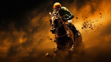 Defocused with grainy an amateur horse jockey gallops his horse amidst flying dust, during training