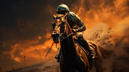 Defocused with grainy an amateur horse jockey gallops his horse amidst flying dust, during training