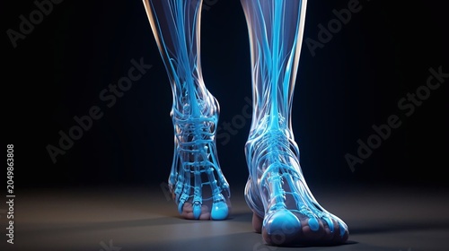 anteroposterior and lateral foot and ankle x-ray showing total ankle replacement or arthroplasty in a patient with severe traumatic osteoarthritis. dark background.
