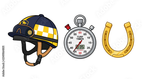 Schilderij op canvas Jockey helmet stopwatch and gold horseshoe