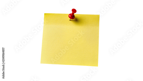 Obraz na płótnie Yellow sticky note pinned with a red pushpin, isolated on transparent background