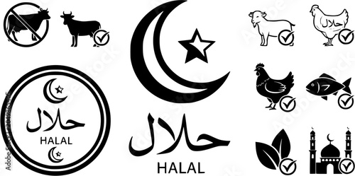 halal icon set, halal label, arabic product emblem, vector illustration