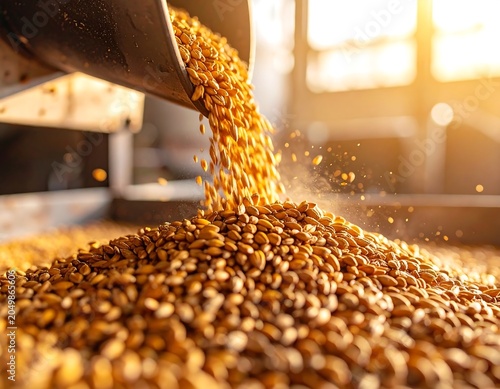 Golden wheat field with morning sunlight and bokeh background.