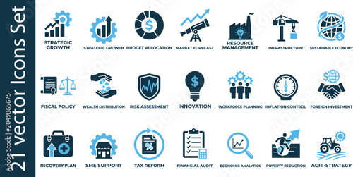 Εκτύπωση καμβά Strategic growth and sustainable economy icon set for financial planning, risk assessment and fiscal policy