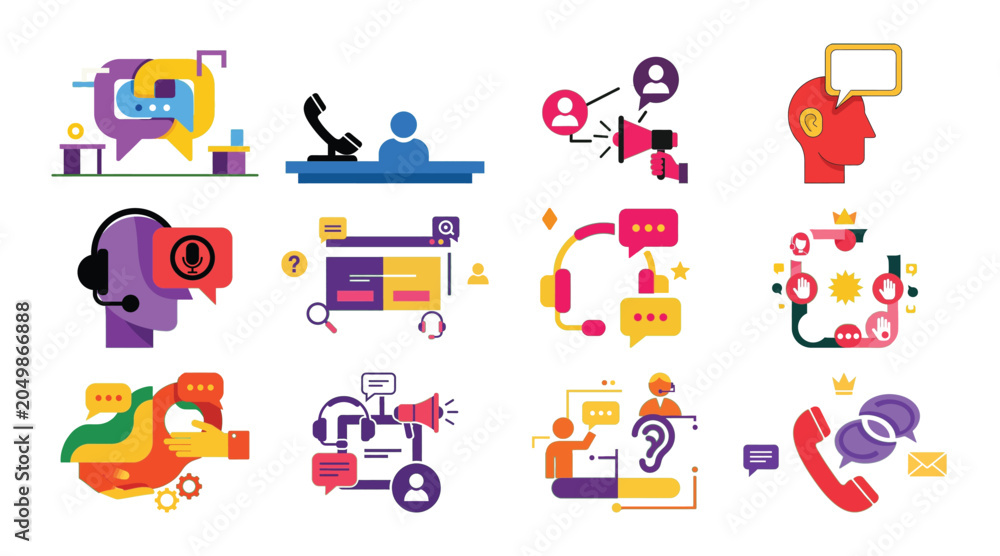 Fototapeta premium Various stylized icons depicting customer support agents and communication processes.
