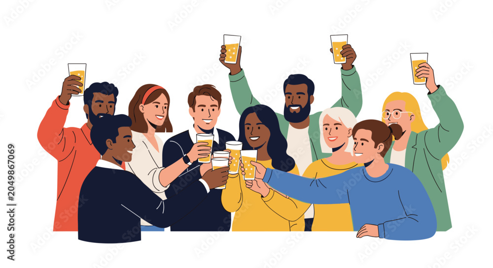Naklejka premium Happy group of diverse young friends raising their glasses in a toast during a festive celebration or party.