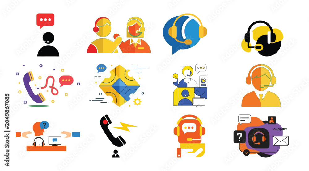 Fototapeta premium Customer support icons collection with communication, help, and assistance concepts.
