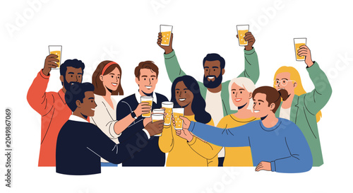 Happy group of diverse young friends raising their glasses in a toast during a festive celebration or party.