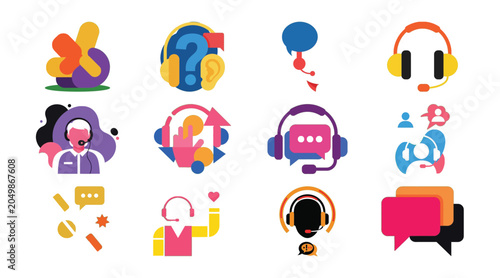 Collection of flat design icons representing customer support and communication concepts.