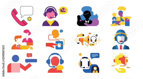 Various abstract icons related to customer support, communication and feedback.