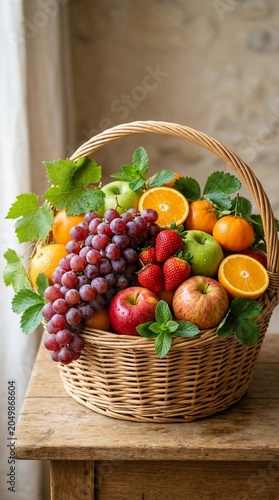 Fresh fruit basket with apples grapes strawberries on wooden table