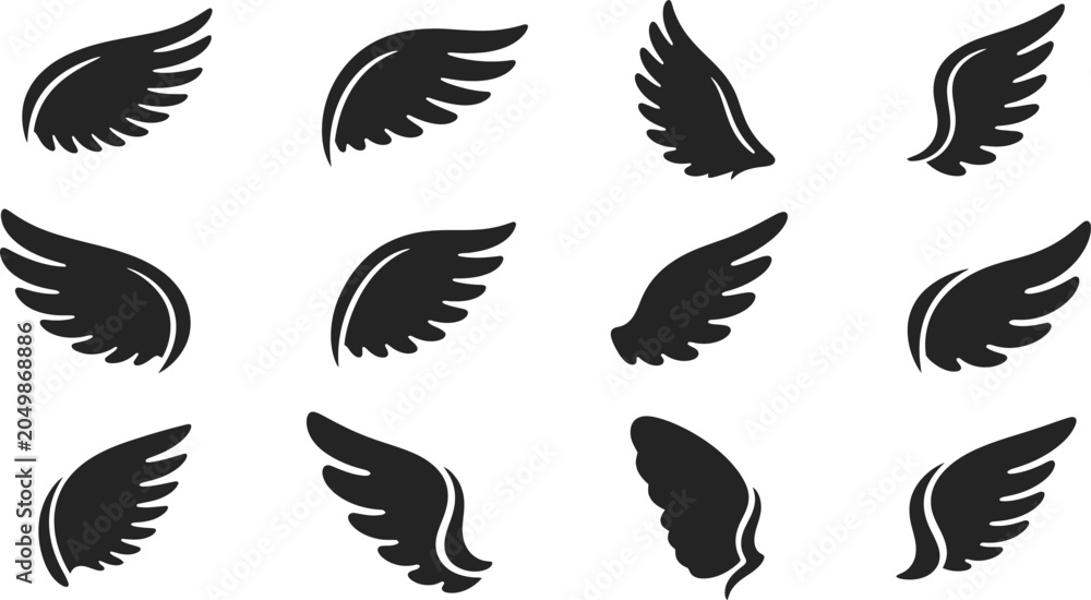 Fototapeta premium Black wing on white background, for and decoration, wings symbols