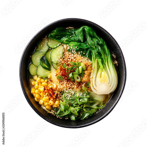 Delicious Asian-style noodle soup bowl with vegetables