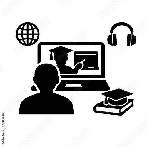 Online Learning Icon With Globe Headphones Laptop And Student Silhouette