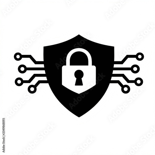 Cyber Shield Protection Icon With Lock Black Silhouette On White Background