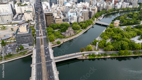 Bild auf Leinwand Aerial View of Hiroshima Atomic Bomb Dome and Peace Memorial Park from Above in